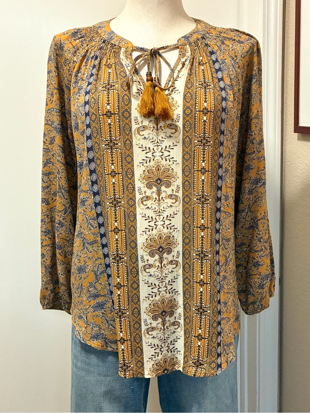 Mason & Belle Bohemian Tassel Tie Floral Print Blouse Size M